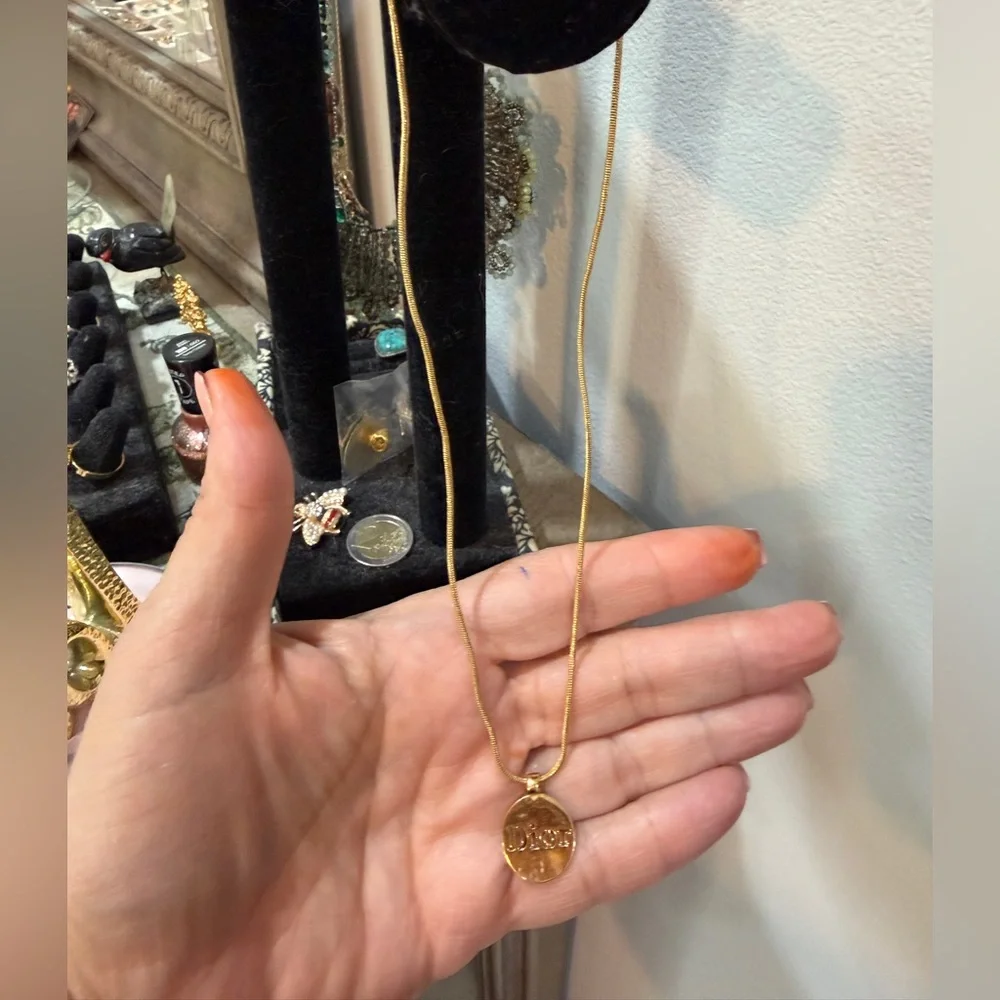 Dior Gold Tone Round Logo Pendant Necklace - Picture 7 of 7